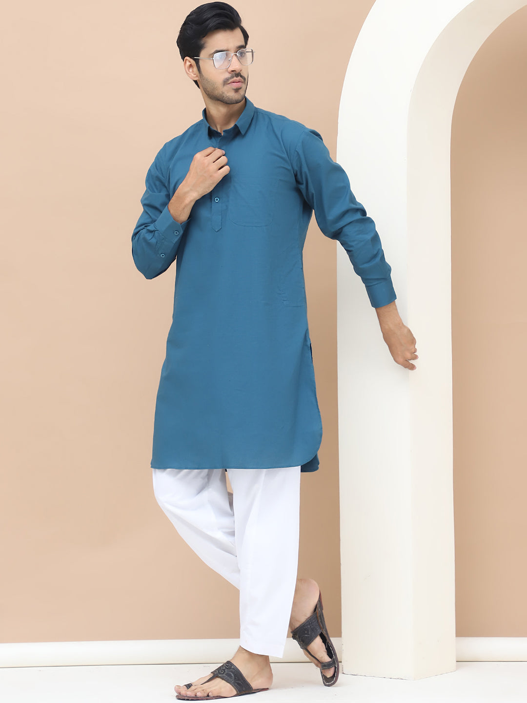 Men's  Teal Cotton Solid Kurta Set - Grage