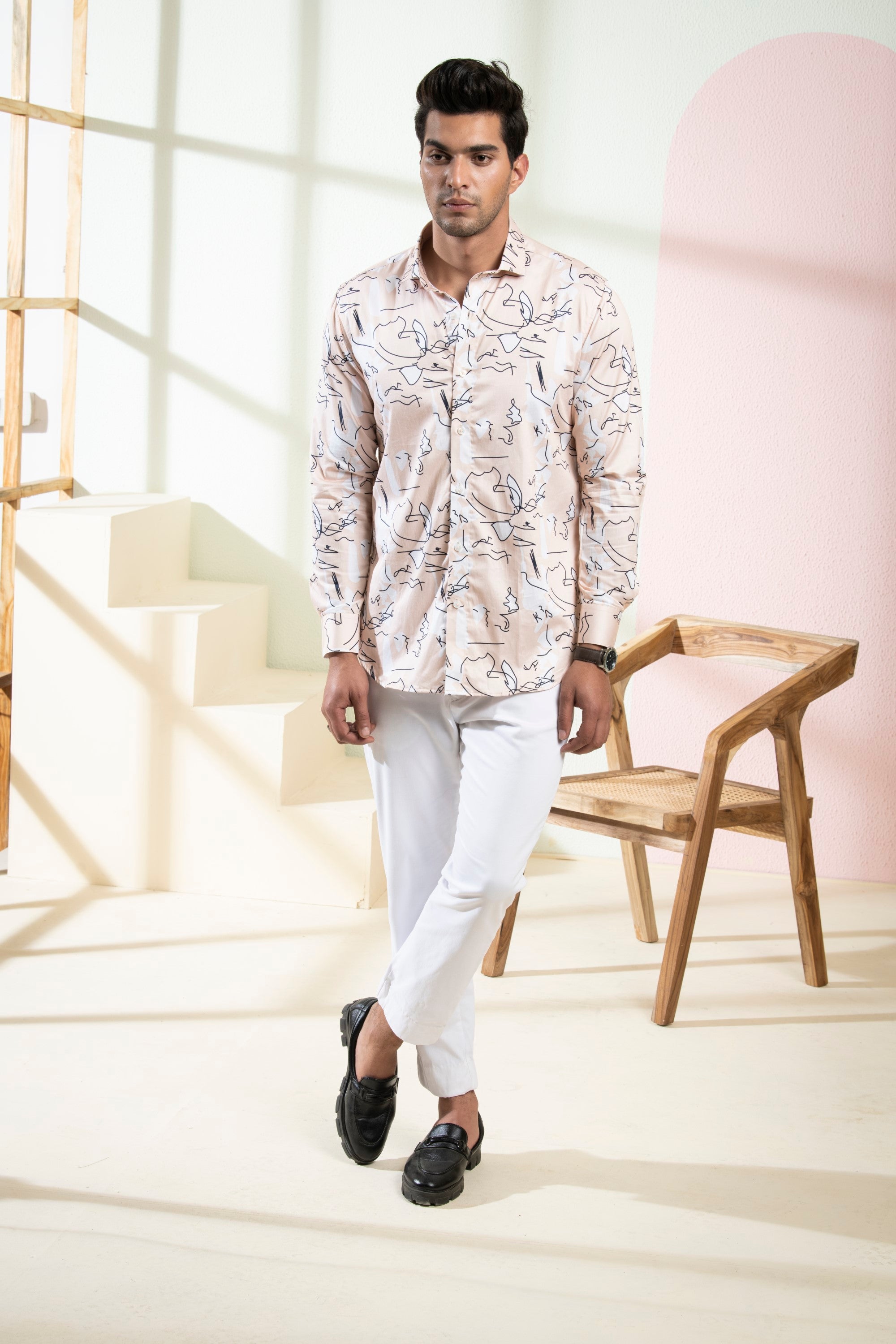 Men's Peach Color Veined Full Sleeves Shirt - Hilo Design