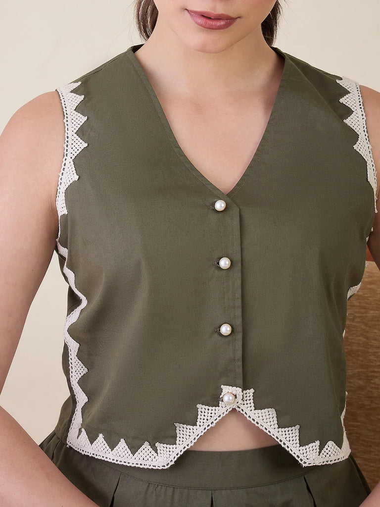 Women's Olive Green Vest & Skirt Co-ord Set