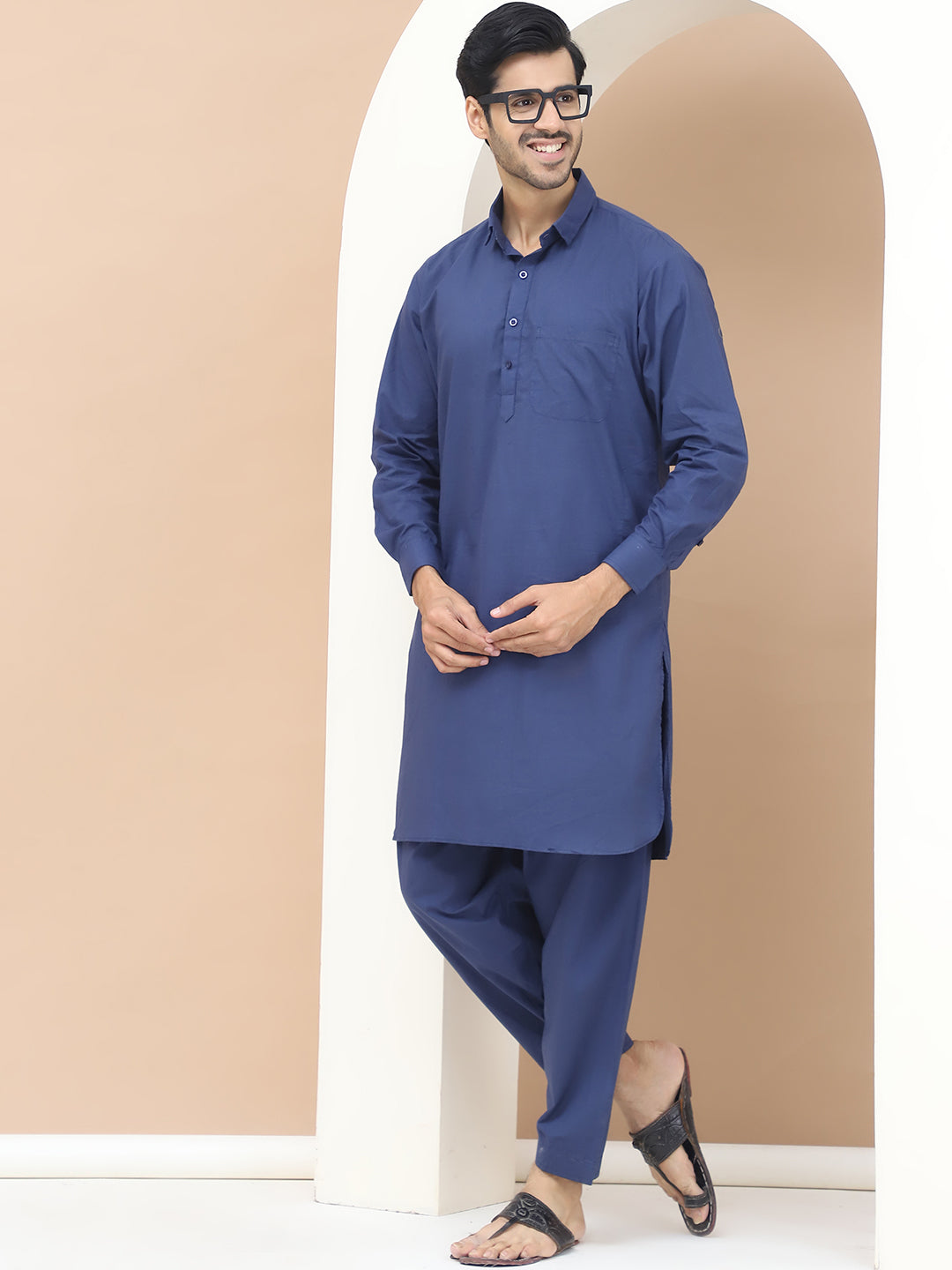 Men's  Blue Cotton Solid Kurta Set - Grage