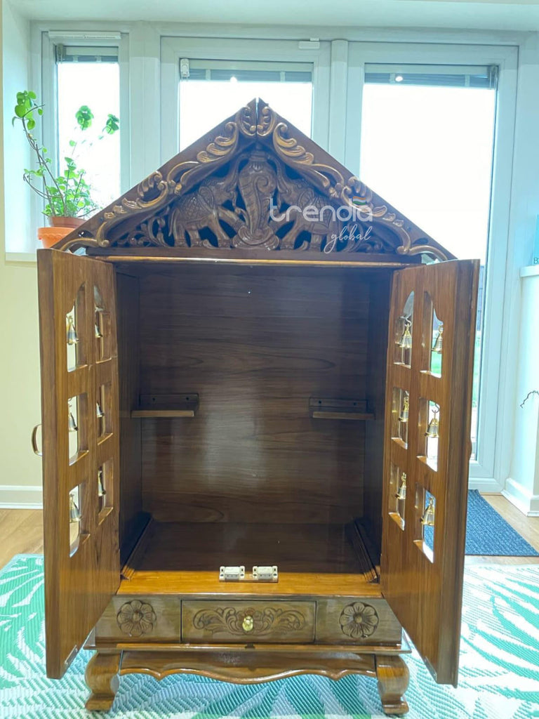 Hand-Carved Solid Teak Wood Temple with Bells