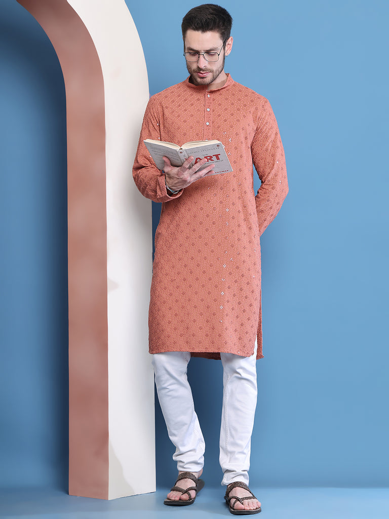 Men's  Peach Viscose Rayon Embroidered Kurta