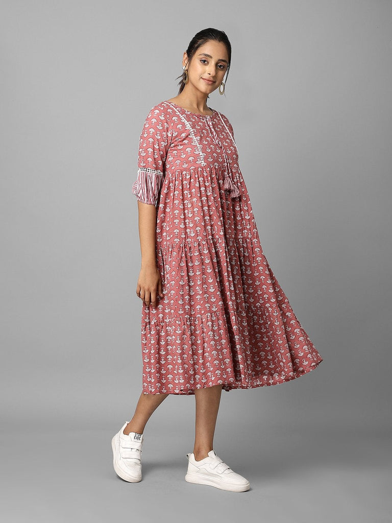 Women's Pink Floral Printed Triered A-Line Dress