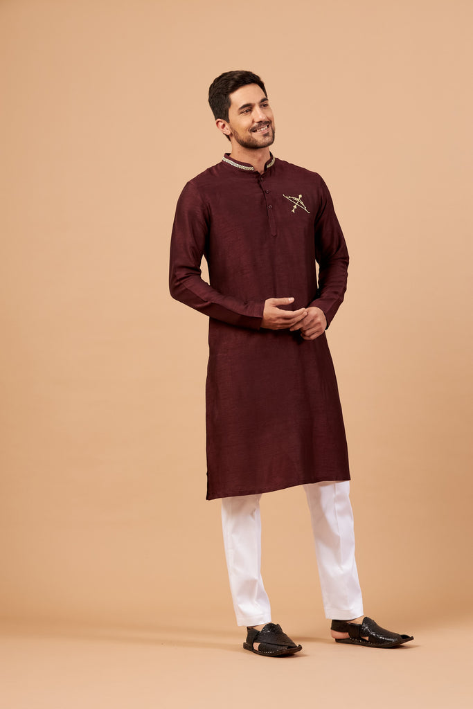 Men's Maroon Color Adira Gold Zari Embroidered Kurta Semi Raw Silk Mix