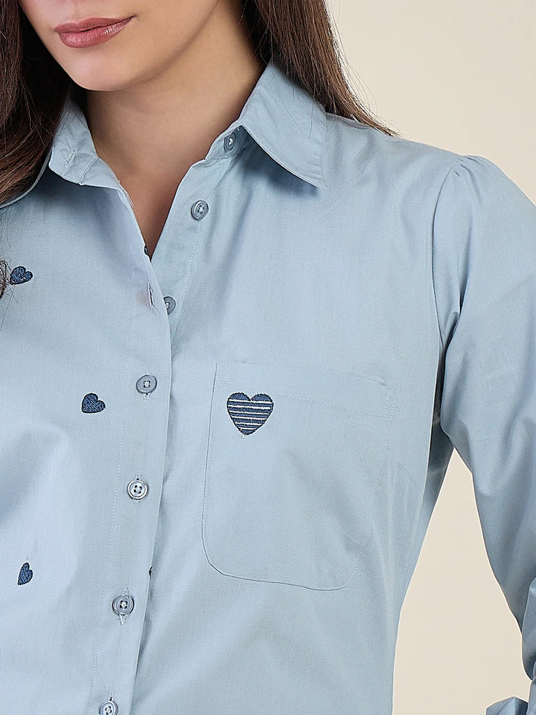 Women's Blue Heart Embroidered Casual Shirt