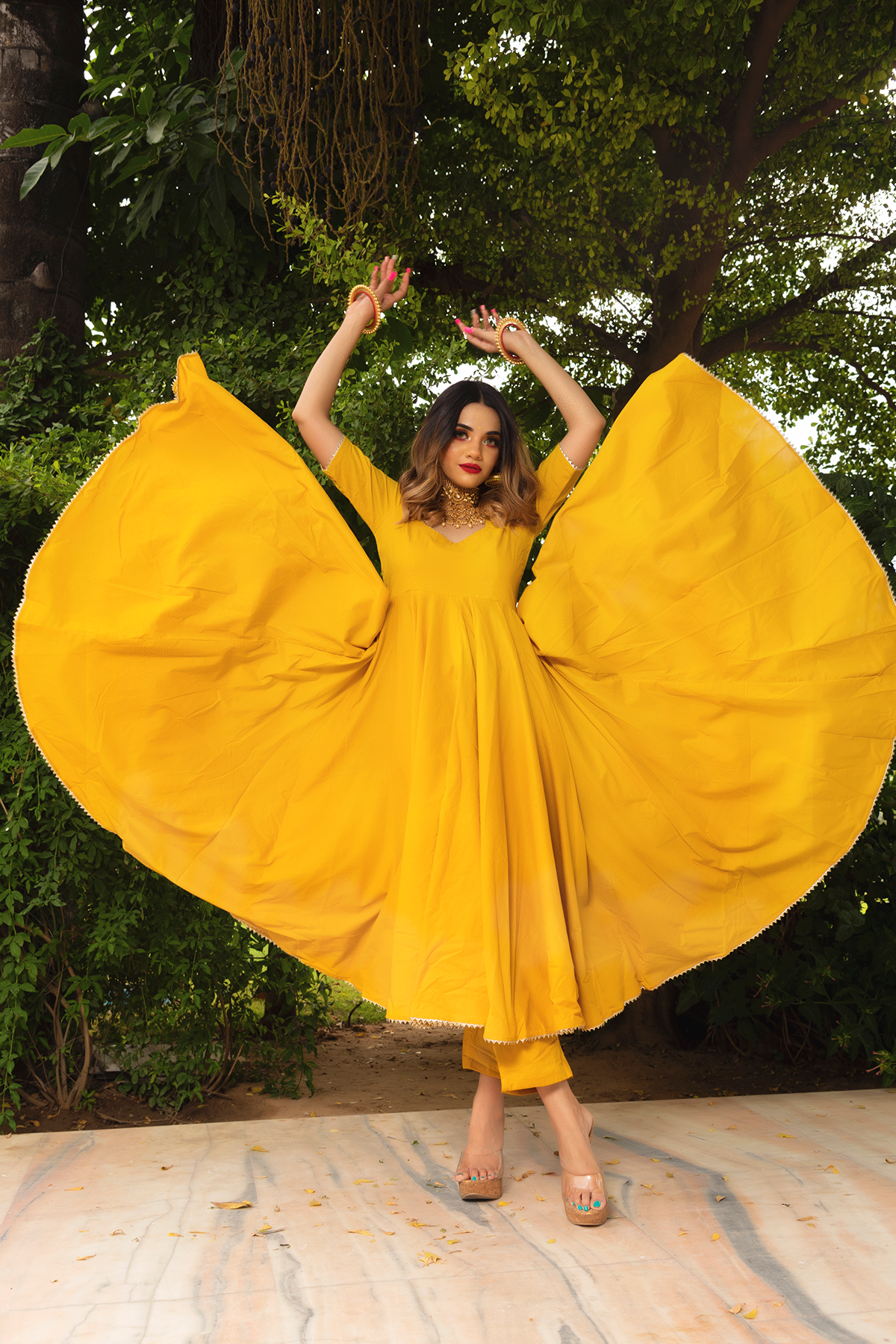 Women's Yellow Anarkali suit set with Pants & Dupatta (3pcs set) - Pomcha Jaipur USA