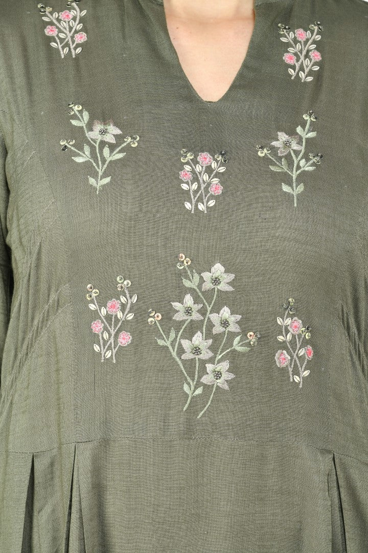 Women's Olive Cotton Rayon Embroidery Tunic - Joban Fashion