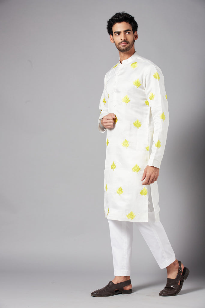 Men's White Color Morga Leaf Embroidered Kurta Linen Satin