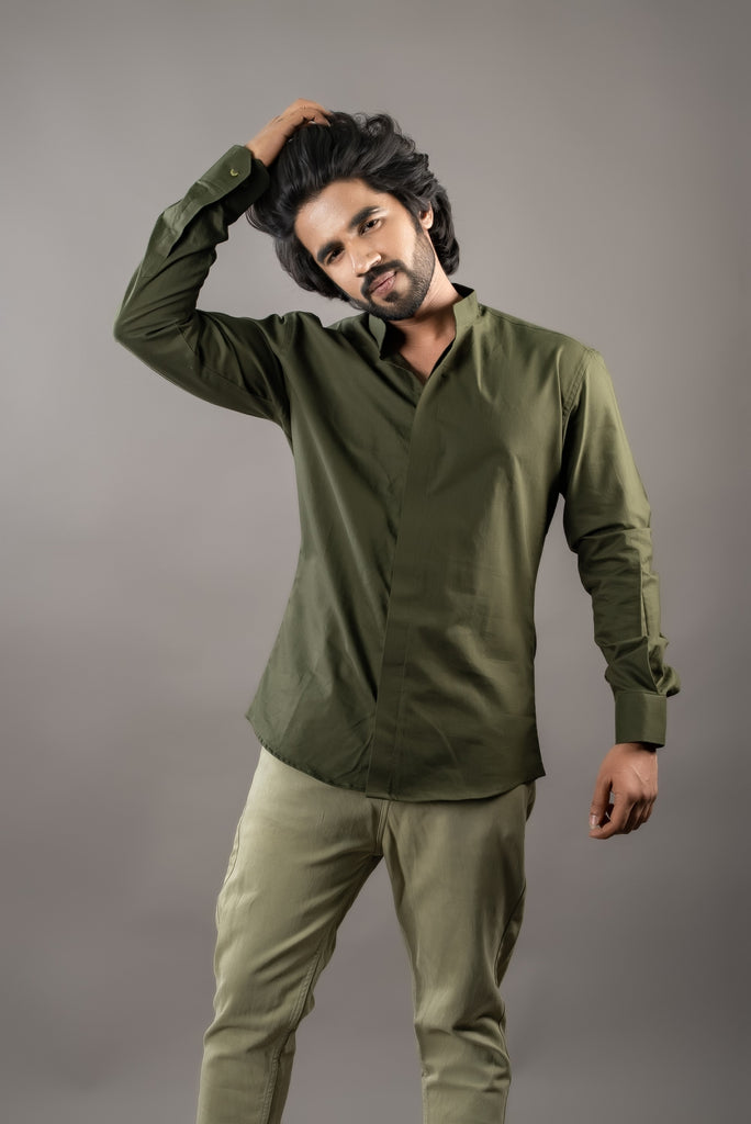 Men's Olive Green Color Olivy Concealed Button Mens Shirt Full Sleeves Casual Shirt