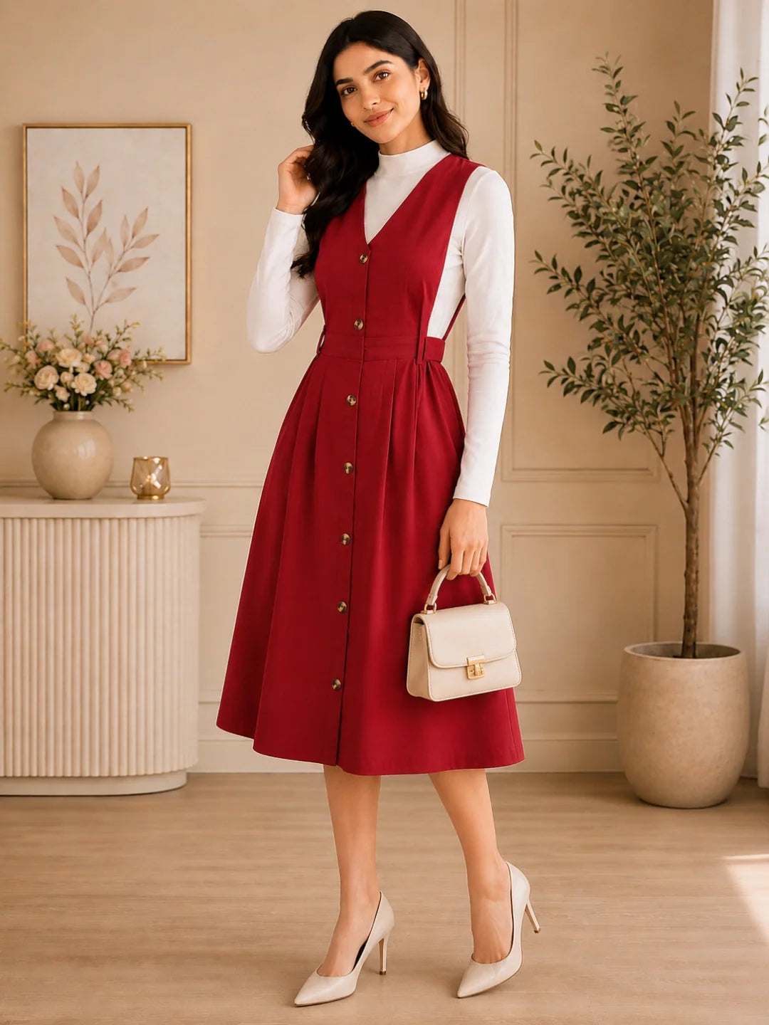 Women's Solid Maroon Button-Down Pinafore Dress XS / Maroon