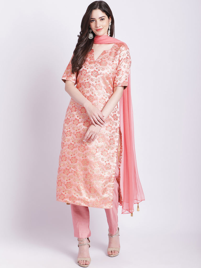 Women's Peach Banarsi Straight Kurti With Pants And Chiffon Dupatta