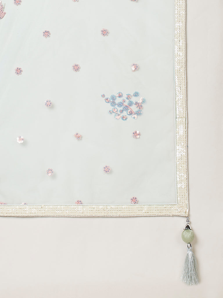 Women 's Lime Green Net Sequinse Work Ready to Wear Lehenga & stitched Blouse with Dupatta