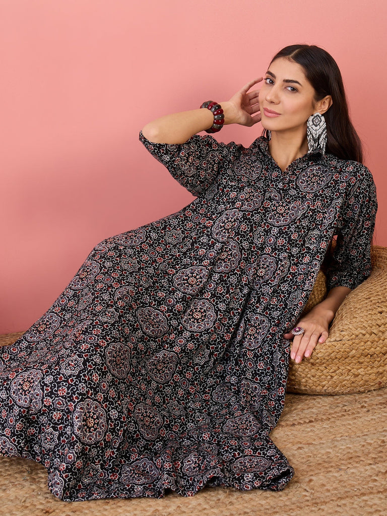 Women's Black Maroon Ajrakh Foil Collar Flared Dress