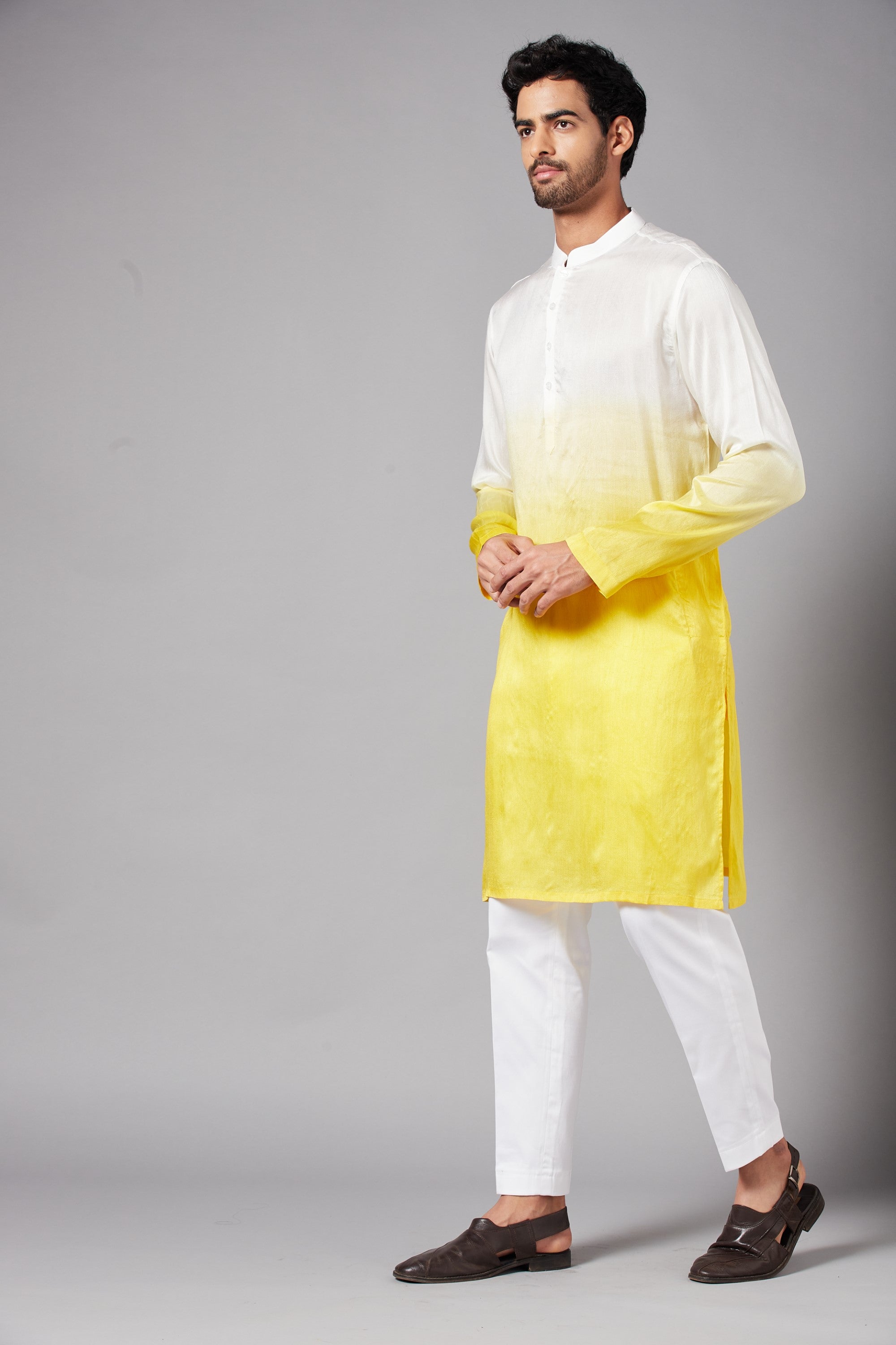 Men's White & Yellow Colorwhillombre Semi Raw Silk Mix