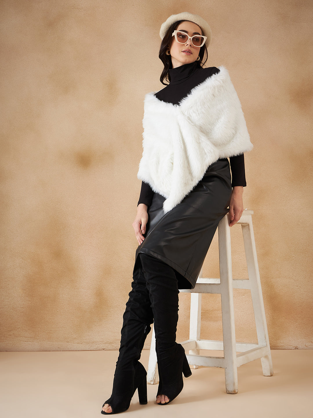 Women's Pure White Faux Fur Cape - InWeave