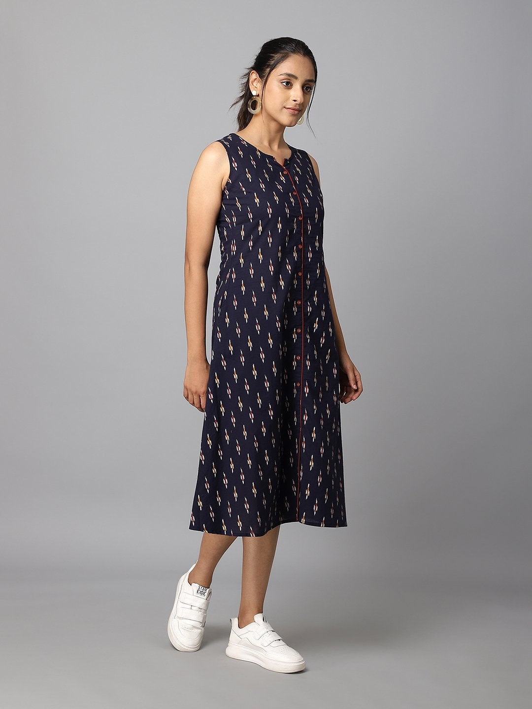 Women's Navy Blue Ikkat Printed A-Line Dress Having Pocket