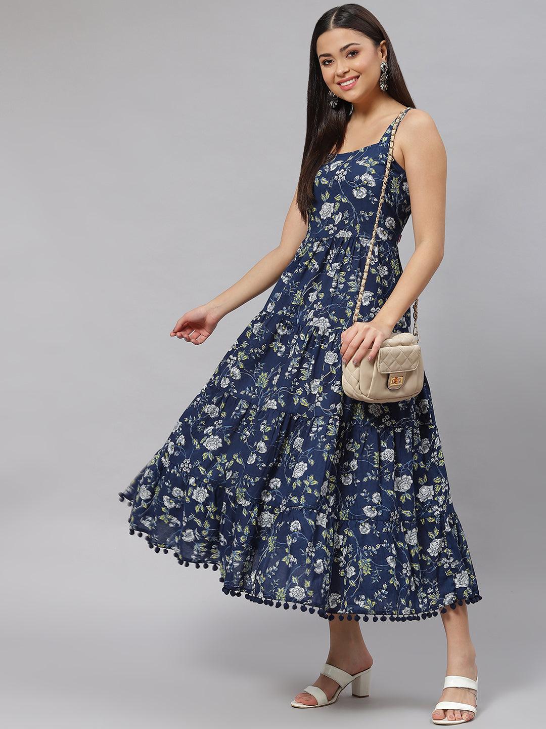 Women's Blue Floral Shoulder Strip Long Dress - Taantav