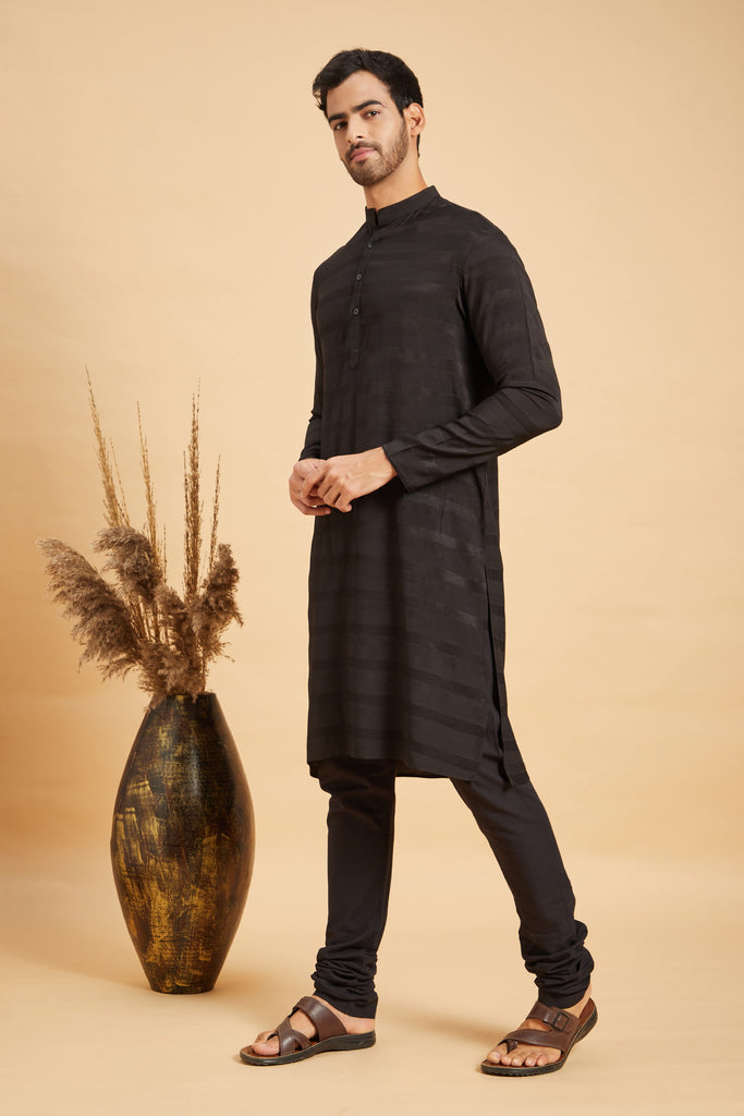 Men's Black Color Stygian Basik Kurta Jacquard