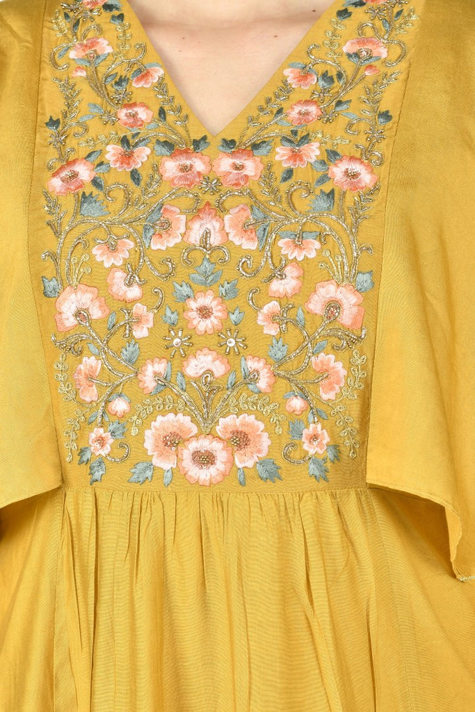 Women's Mustard Chanderi Embroidery Gown