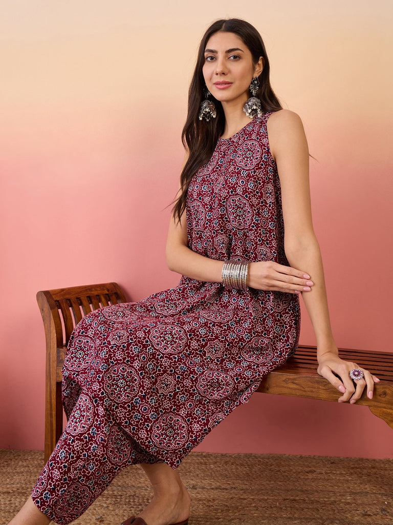 Women's Maroon Navy Ajrakh Foil Round Neck Kurta Pant Set