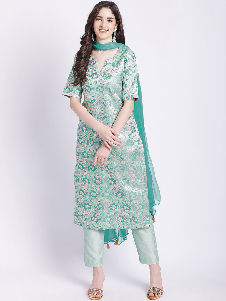 Women's Aqua Green Banarsi Straight Kurti With Pants And Chiffon Dupatta