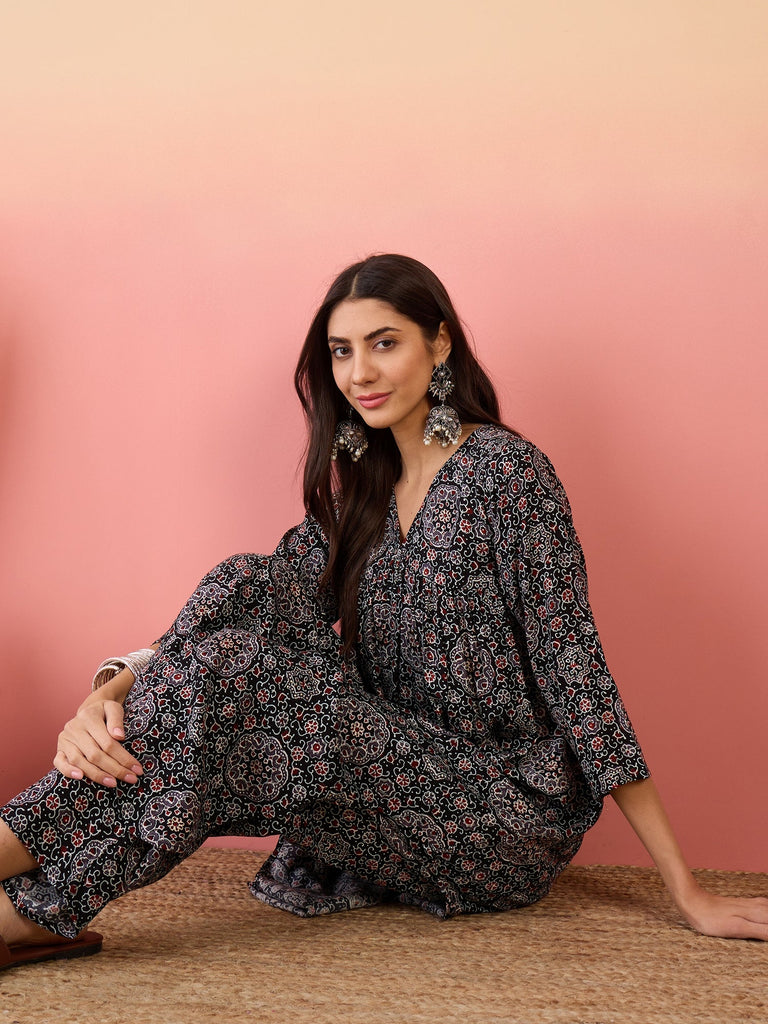 Women's Black Maroon Ajrakh Foil V Neck Flared Kurta Pant Set