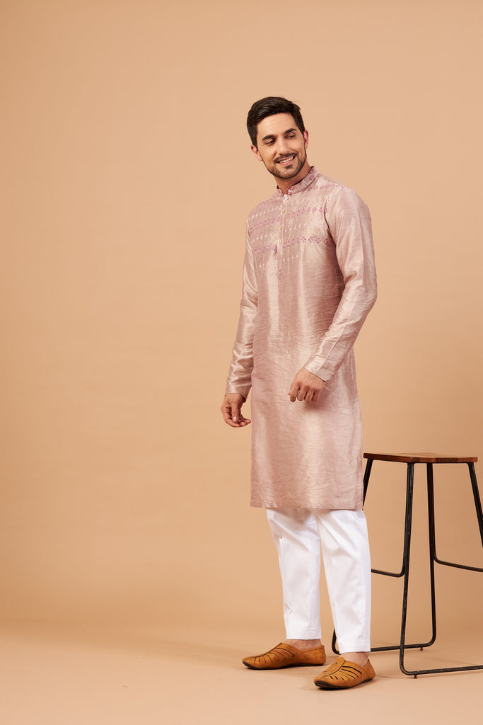 Men's Beige Brown Color Florne Floral Geometric Embroidered Kurta Semi Raw Silk Mix
