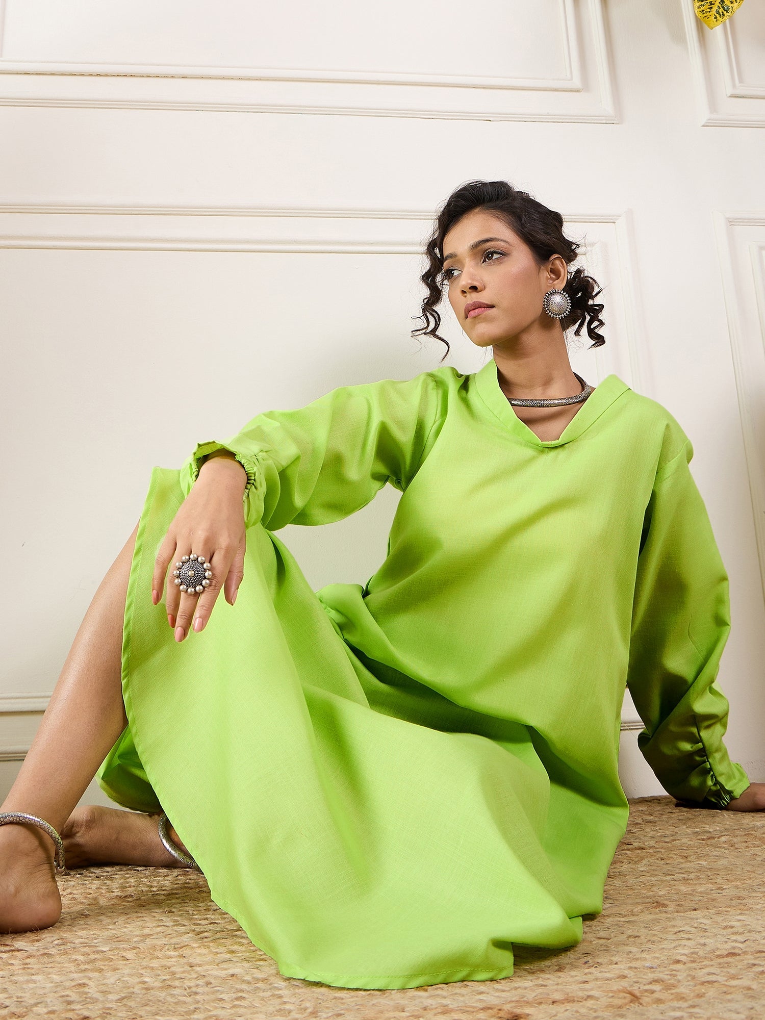 Women's Neon Green Shawl Neck Long Side Pleat Dress - InWeave