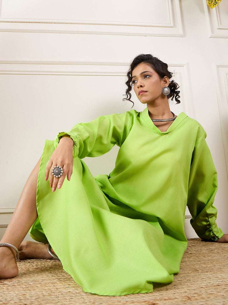 Women's Neon Green Shawl Neck Long Side Pleat Dress