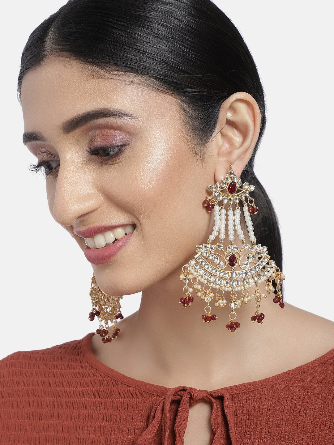 Women Golden Traditional Kundan & Pearl Dangler Drop Maroon Earrings by I Jewels (1 Pai