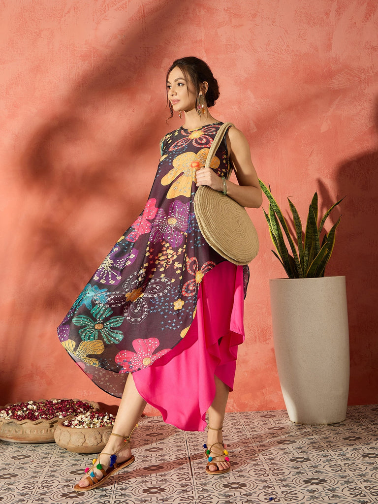 Women's Black Floral Fuchsia Asymmetrical Dress