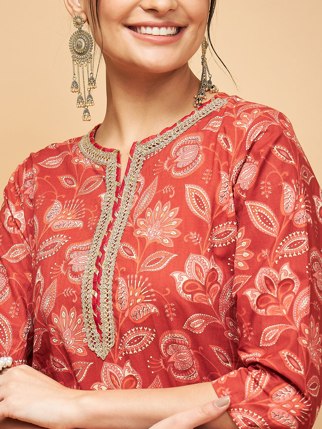 Women's RUST PAISLEY PRINT GOTA STRAIGHT KURTA - InWeave