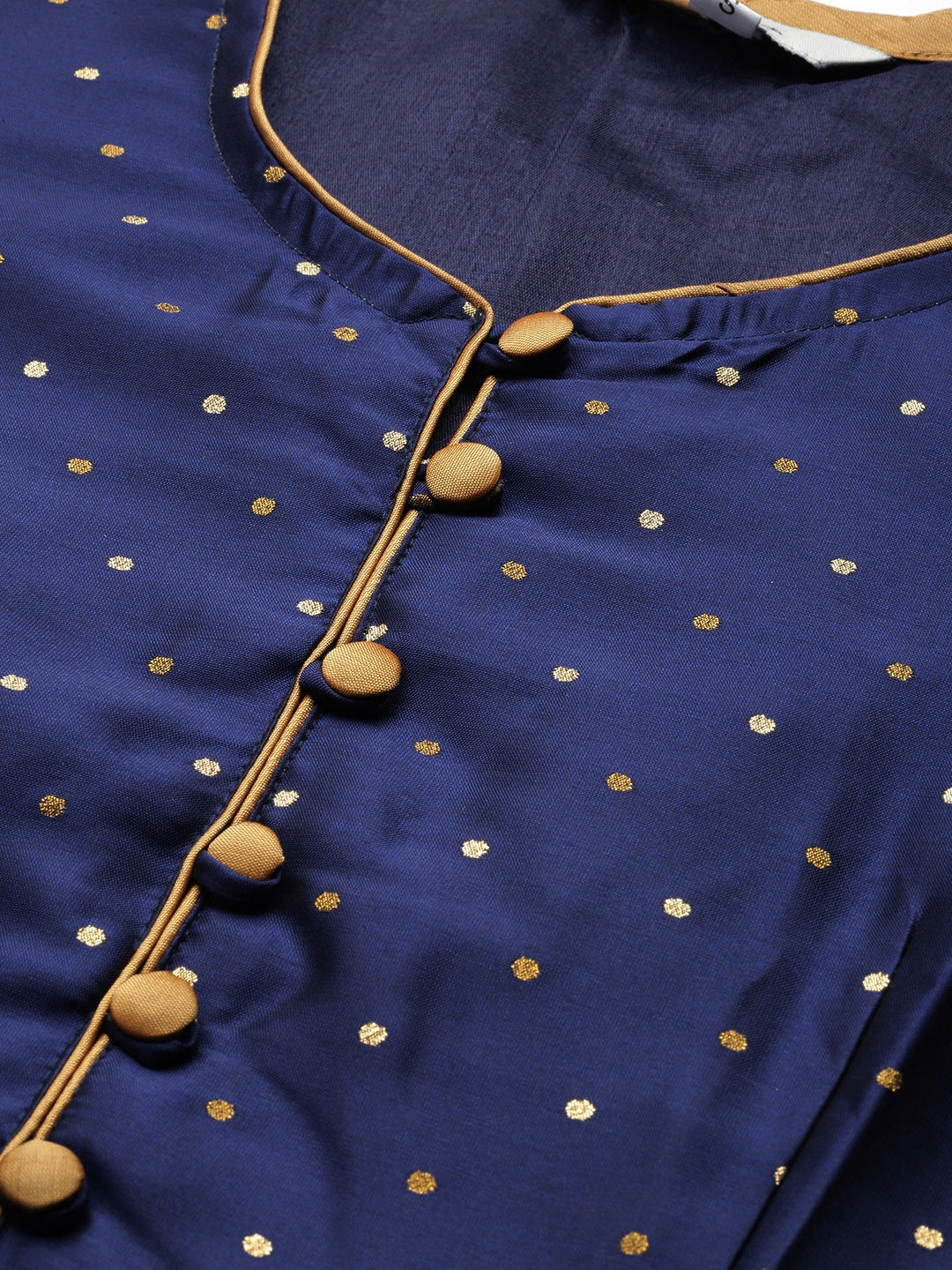 Women's Navy Blue And Golden Woven Design Anarkali Kurta, - Bhama Couture
