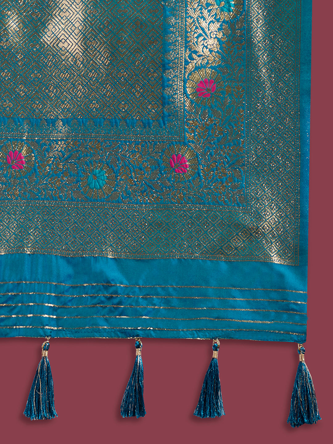 Women's Teal & Gold Satin Paisley Zari With Beautiful Meenakari Banarasi Saree - Royal Dwells