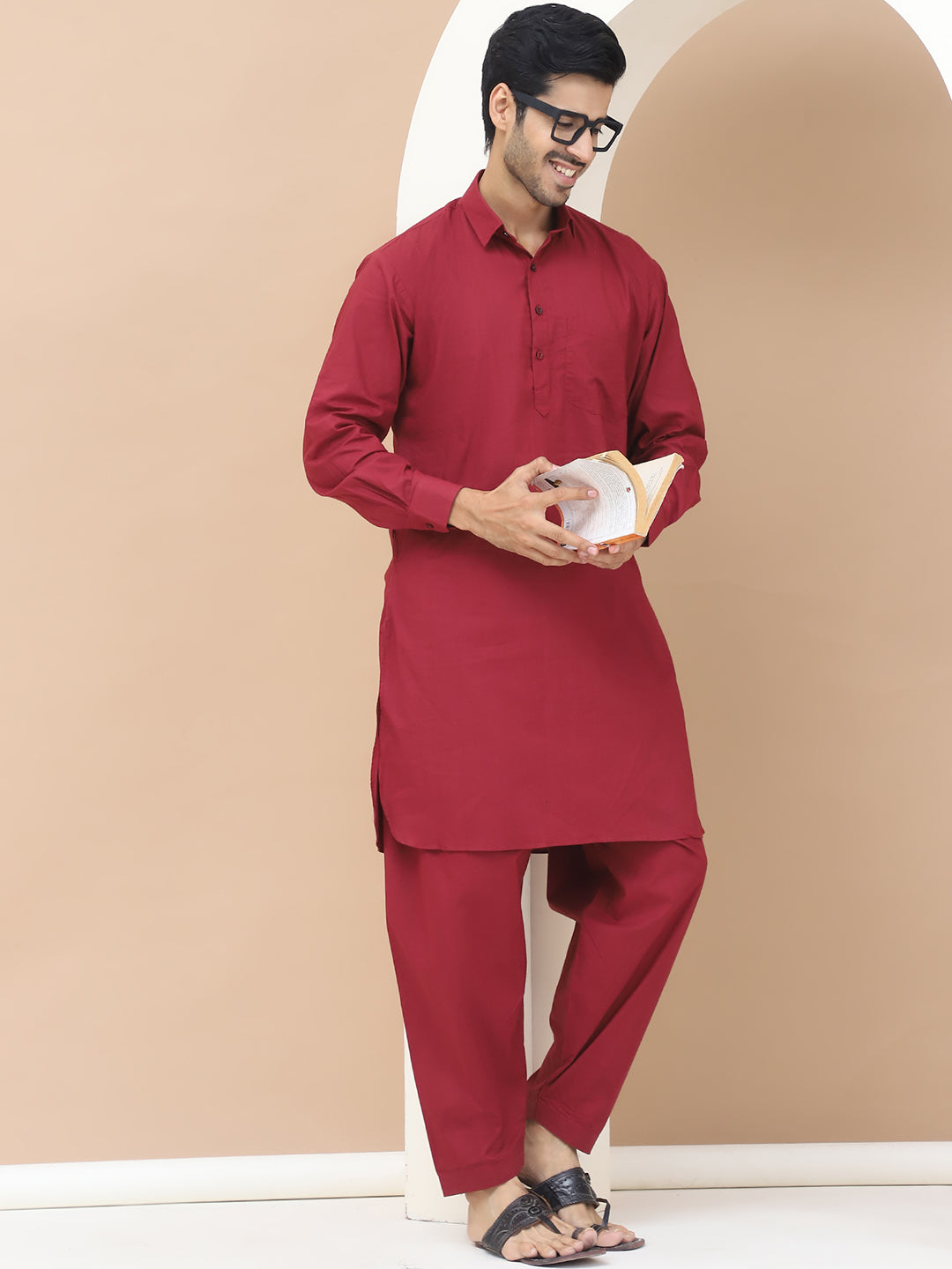 Men's  Maroon Cotton Solid Kurta Set - Grage