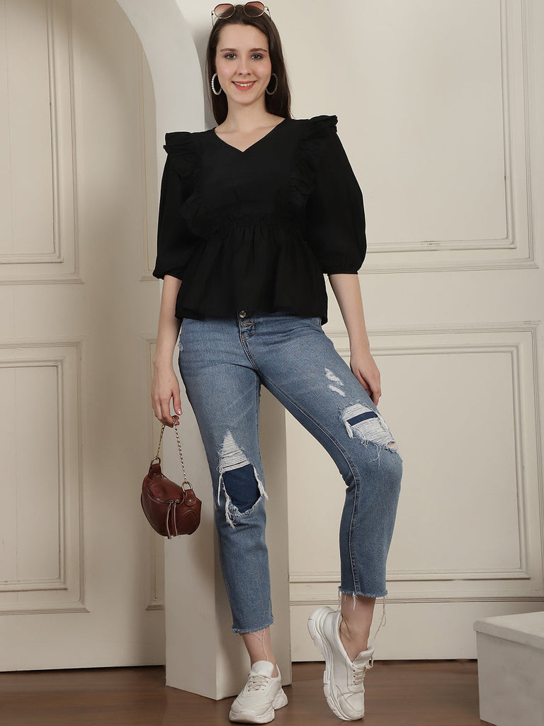 Women's Black Solid Women's Top With Frills