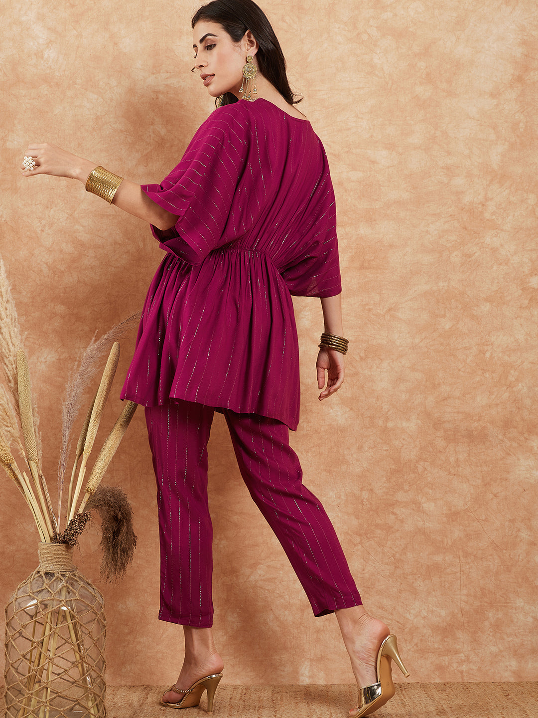 Women's Magenta Lurex V Neck Gota Kaftan Style Kurta Set - InWeave