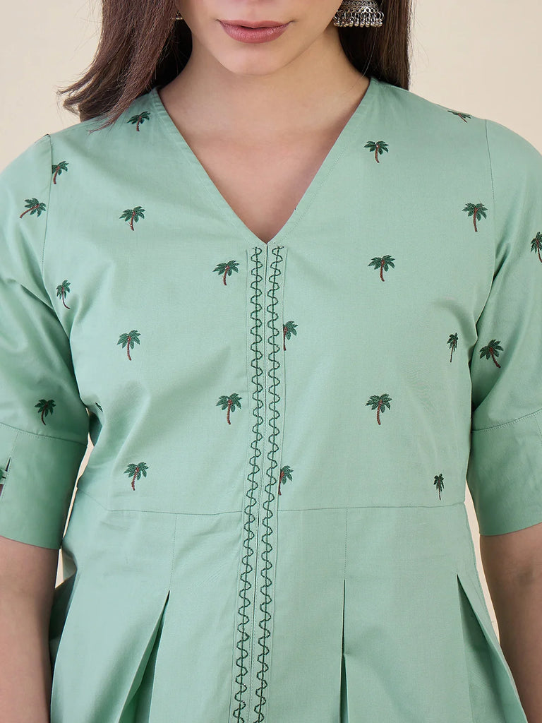 Women's Mint Green Embroidered Peplum Top