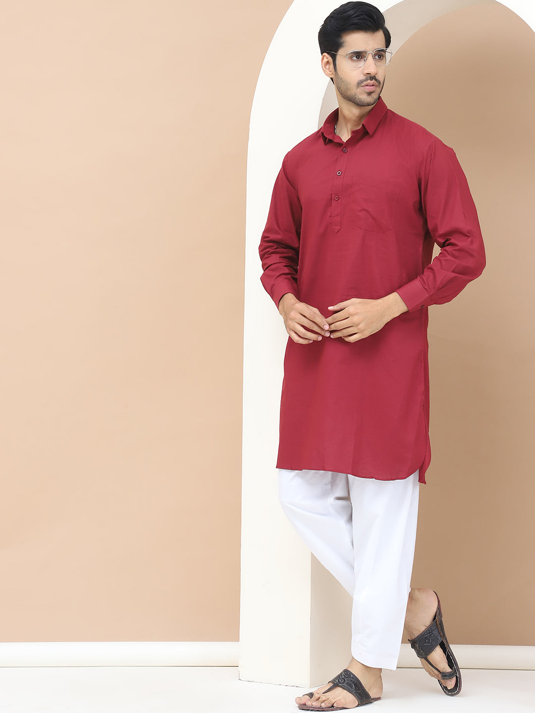 Men's  Maroon Cotton Solid Kurta Set - Grage