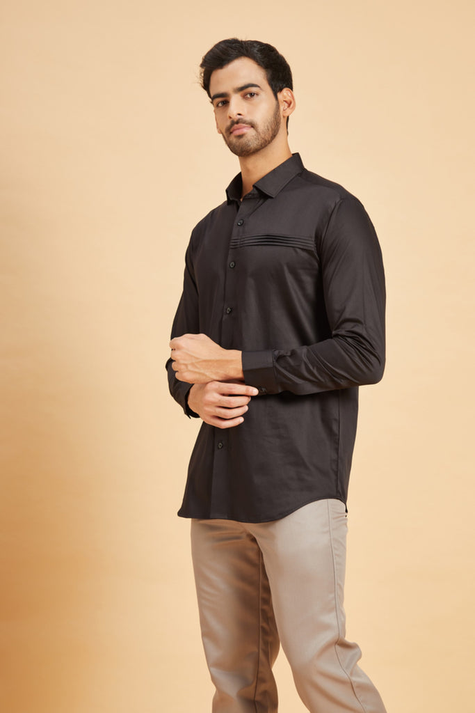 Men's Black Color Ragic Pintuck Shirt Full Sleeves Casual Shirt