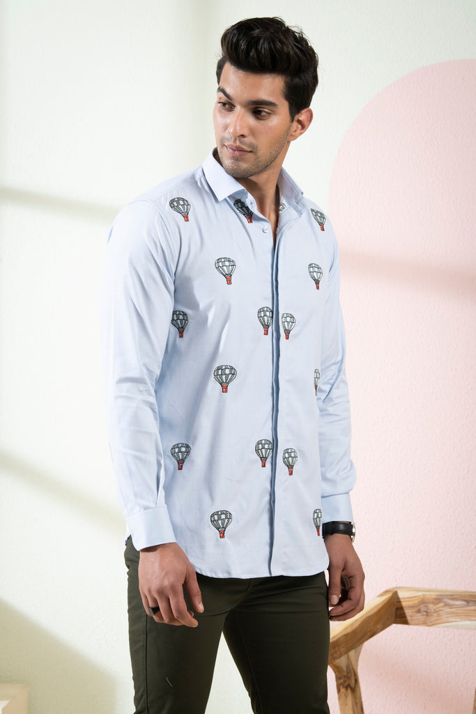 Men's Light Blue Color Float Full Sleeves Shirt