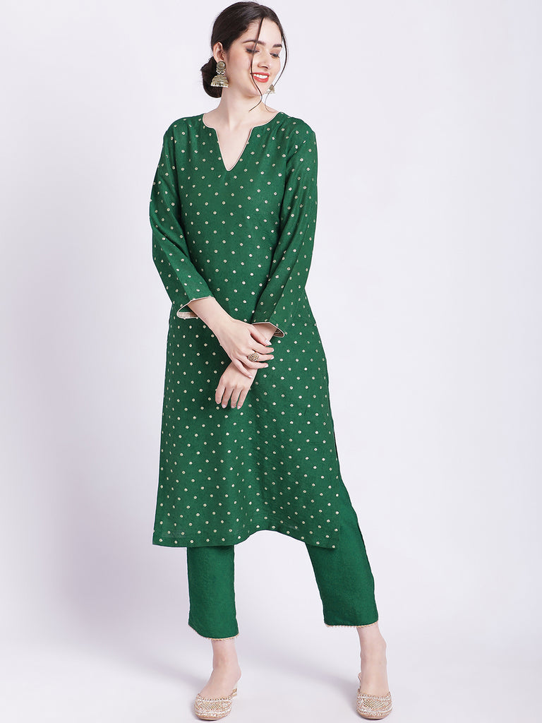Women's Ethnic Green Banarasi Straight Kurti With Straight Pants
