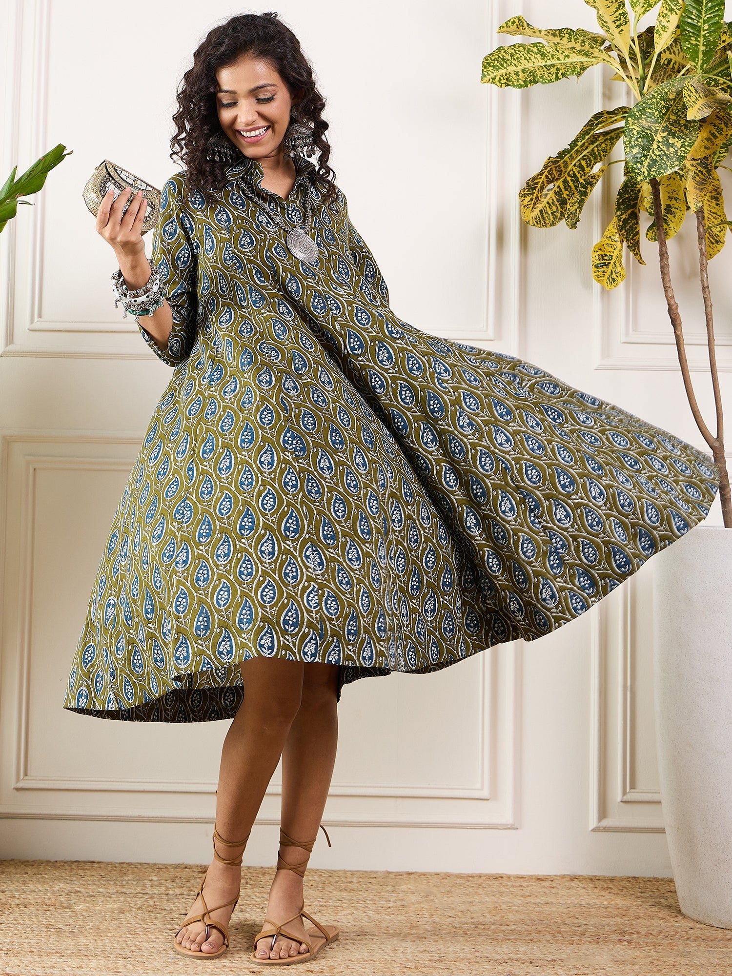 Women's Olive Indigo Ajrak Leaves Collar Flared Dress - InWeave