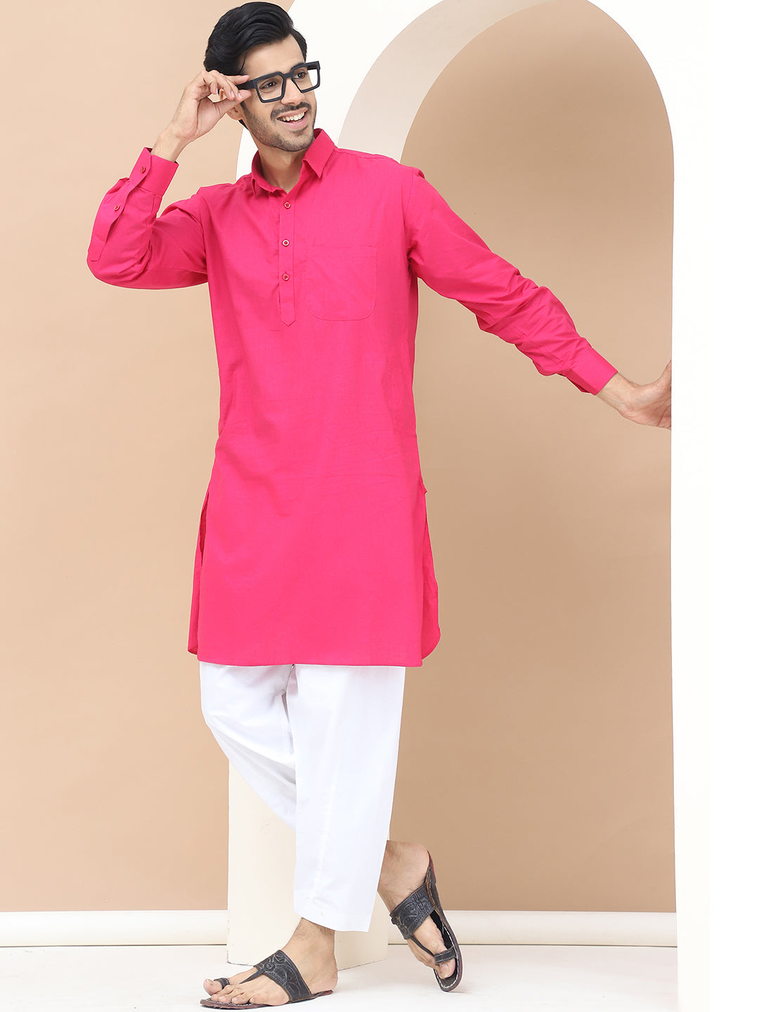 Men's  Pink Cotton Solid Kurta Set - Grage