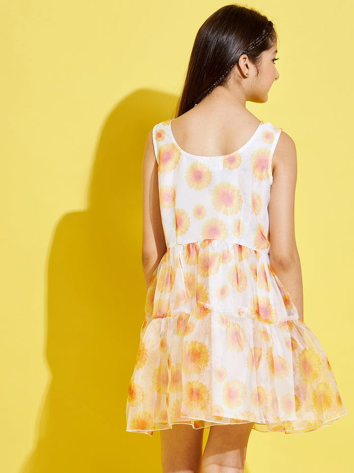 Girl's Cream Polyester Printed Dress