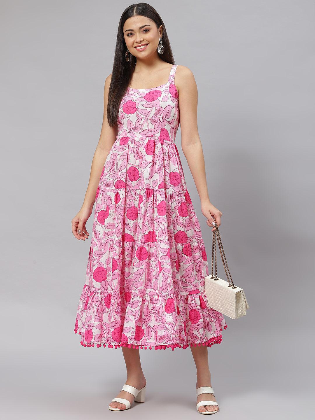 Women's white & Pink Floral Shoulder Strip Long Dress - Taantav