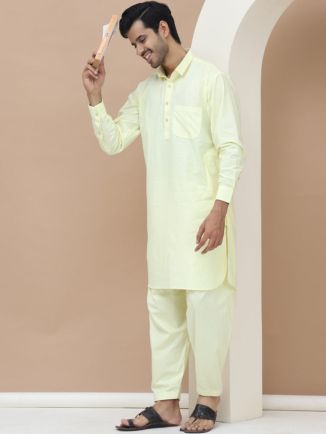 Men's  Lime Cotton Solid Kurta Set - Grage