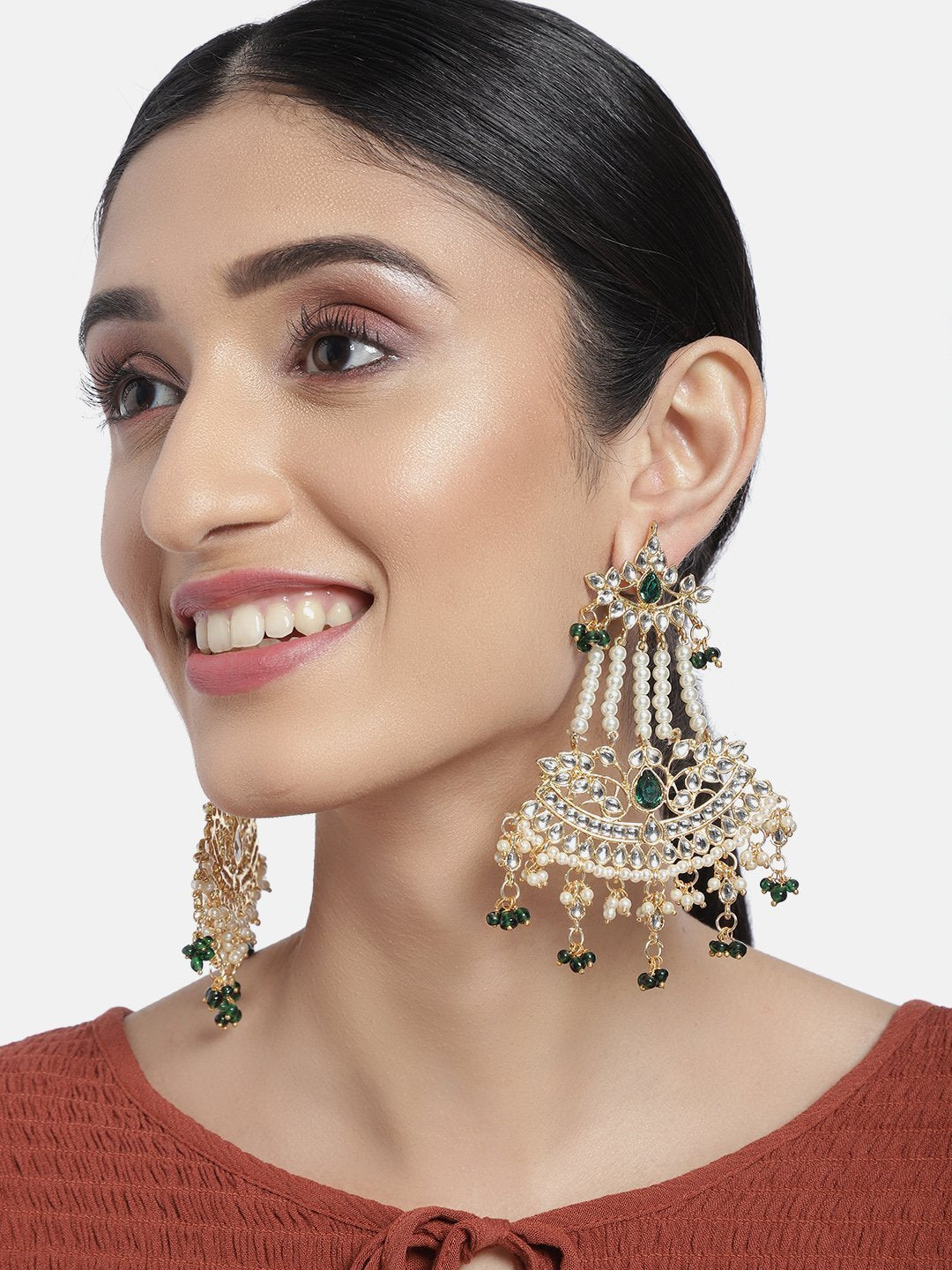 Women's  Gold Plated Traditional Kundan & Pearl Dangler Drop Paasa Green Earrings