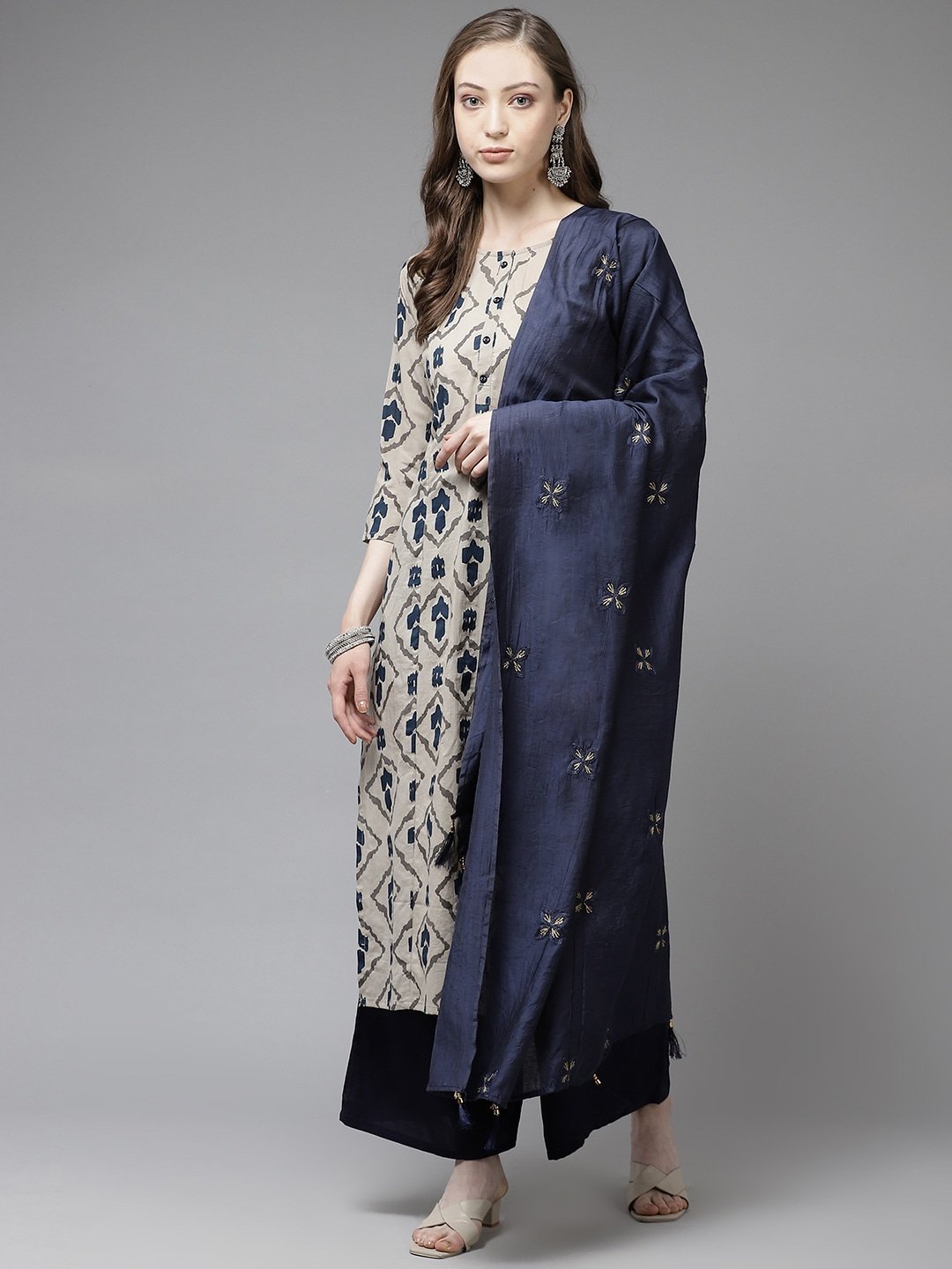 Women's Beige & Navy Blue Printed Kurta Set
