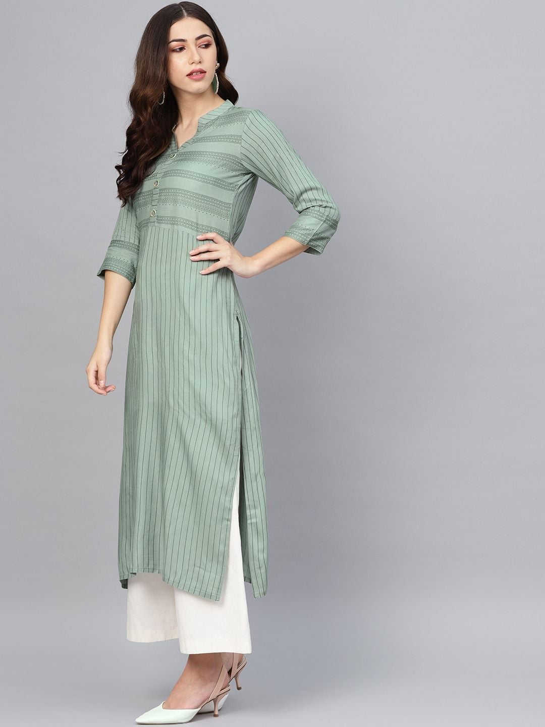 Women's Green Striped Straight Kurta